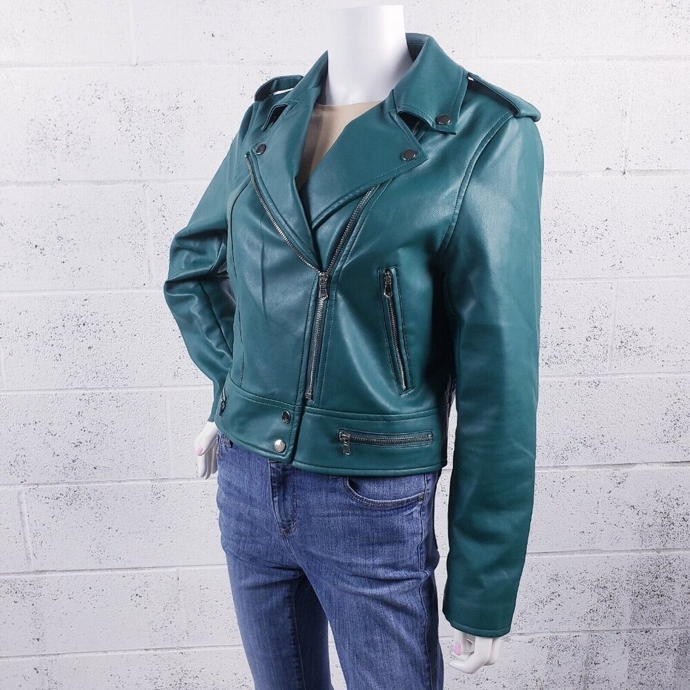 Deluc Gramercy Vegan Faux Leather Moto Jacket Cropped Green Size Large 5236D